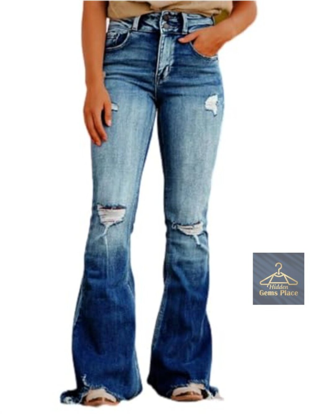 High Waist Ripped Bell Bottom Jeans Flare Denim Stretchy Distressed